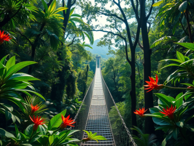 "Suspension bridge surrounded by lush rainforest at Tenorio Hanging Bridge and Nature Preserve, offering breathtaking views of wildlife and tropical scenery."