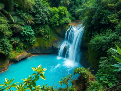 "Stunning turquoise waters of Rio Celeste, with lush rainforest surrounding the river, showcasing the unique natural beauty of Costa Rica's national park."
