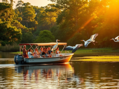 "Guided boat tour through the wetlands of Palo Verde National Park, showcasing diverse wildlife and stunning landscapes, with lush vegetation and birds in flight."