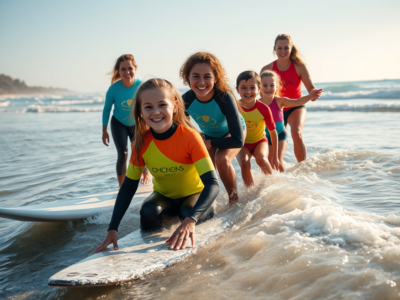 "Surf lesson in Tamarindo, Costa Rica, with a professional instructor guiding students on the beach as they practice surfing techniques on the waves."