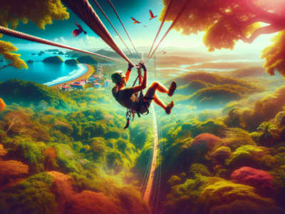 "Ziplining adventure in Tamarindo Beach, Costa Rica, soaring above lush tropical forests with stunning ocean and jungle views." 🌿🌊✨